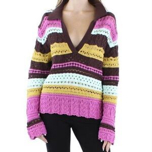 Jonathan Simkhai Roxana Macrame Striped Oversized Polo Sweater NWT Size Medium